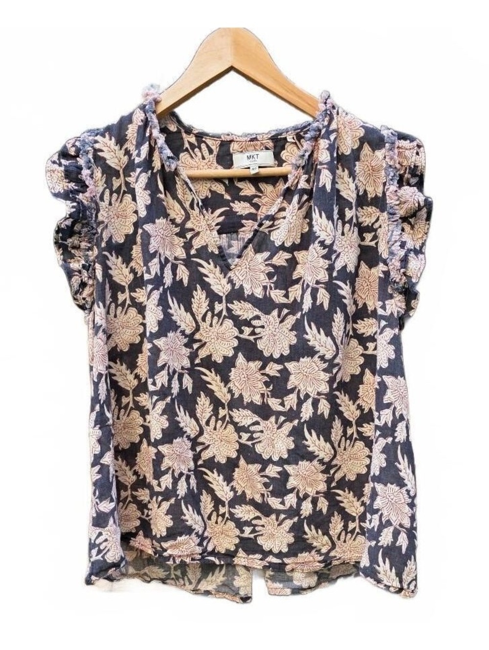 MKT Studio Hinton Blouse l Black Boho Floral Ruffle Flutter Sleeve Size 12